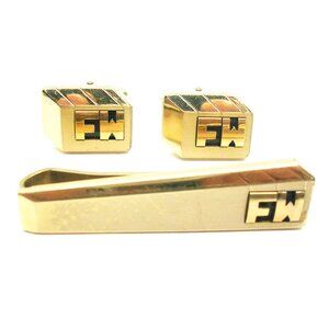 Cufflinks Tie Bar Set Initials FW 14 Karat Gold Overlay vintage Formal Wear
